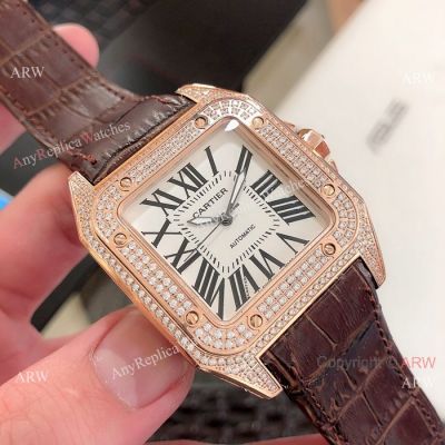 Cartier Santos 100 XL Rose Gold White Roman Watch - Cartier Santos Diamond Watch